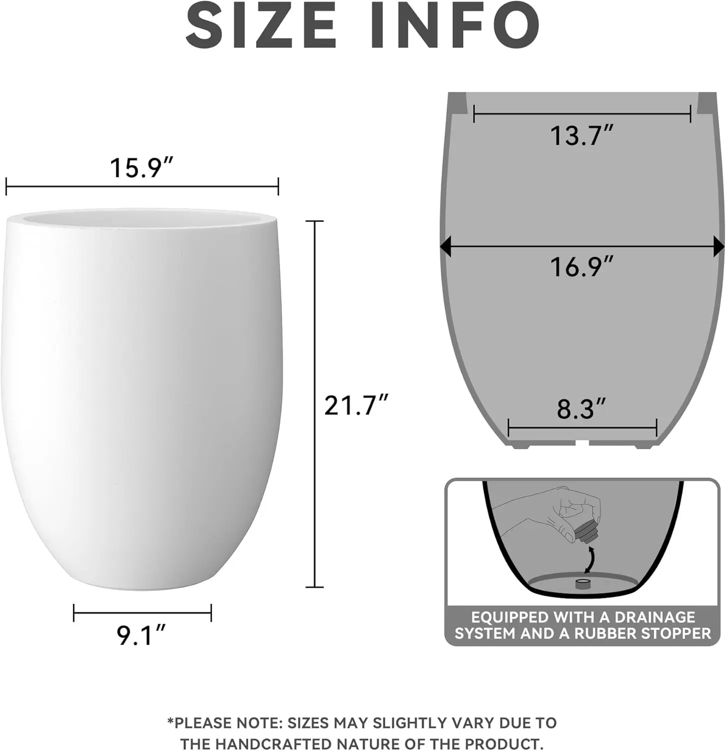 21.7" Pure White Concrete Tall Planter Large Outdoor Indoor Decorative Pot with Drainage Hole and Rubber Plug Modern Round Style