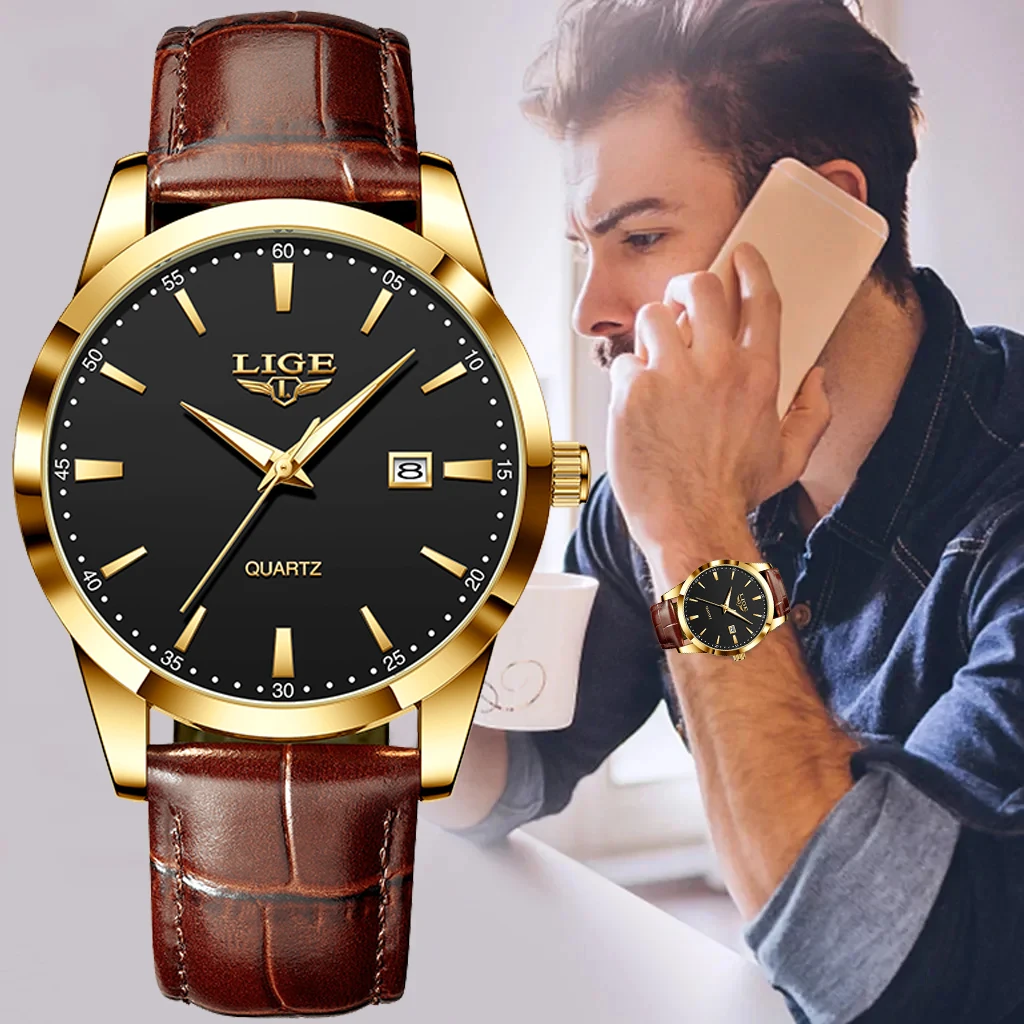 LIGE Classic Men's Watch Quartz Leather Strap Waterproof Man Wristwatches Business Casual Watches for Men Relogios Masculino+BOX