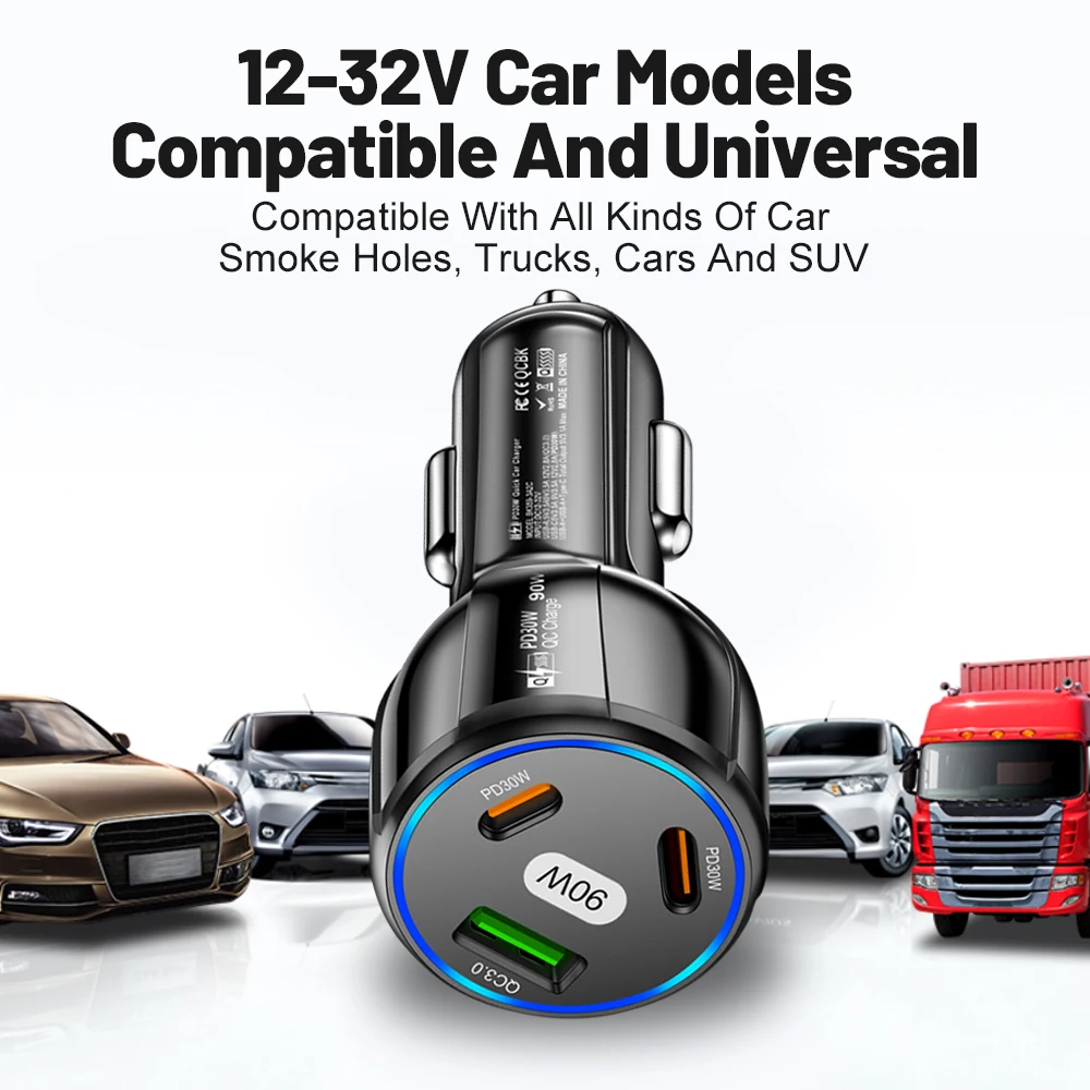 Caricabatterie per Auto USB 3-in-1 90W con PD Type C e QC3.0, Ricarica Rapida per iPhone, Xiaomi, Samsung, Adattatore per Auto - Image 4
