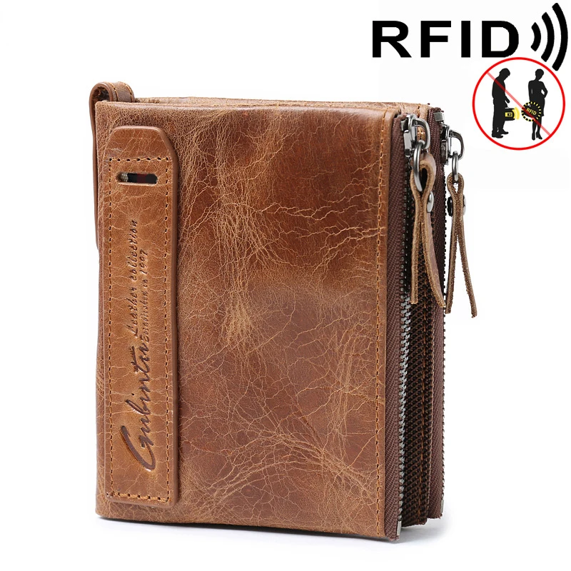 

Винтажный Мужской кошелек из натуральной кожи, бумажник на молнии с кармашком для монет, мужской короткий кошелек с RFID-блокировкой, держатель для карт
