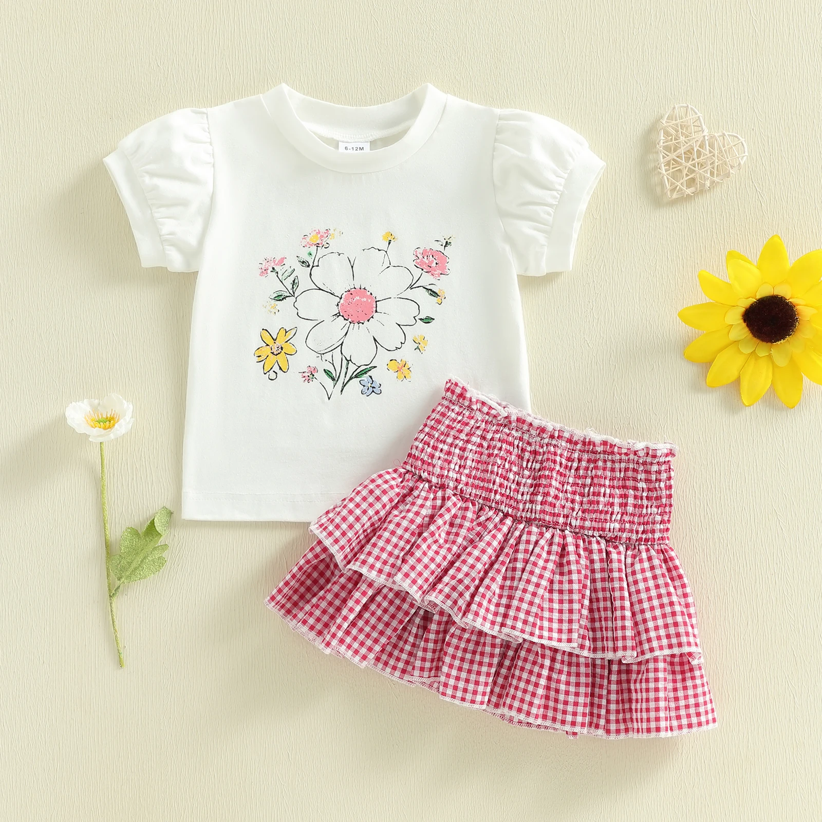 Adorable Toddler Girls 2 Piece Set with Floral Print Short Sleeve Top and Plaid Skirt Perfect for Playdates and Parties