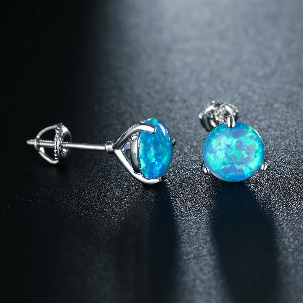 Trendy 3 Claw Round Stone Screw Back Earring Blue Opal Small Stud Earrings For Women Classic Silver Color Wedding Jewelry Gifts