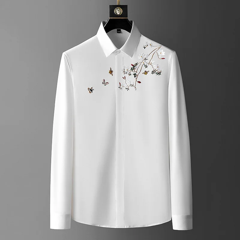 Mens Dress Shirt Flower And Bird Embroidered Luxury Men's Long Sleeve Spring And Autumn Slim Fit Anti Wrinkle Trend Evening Dress Top