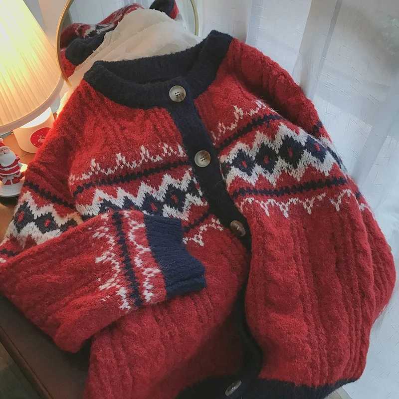 크리스마스 레드 니트 라운드 넥 오픈 가디건 여성 패션 가을 겨울 신상 레트로 플로럴 자수 스웨터 코트