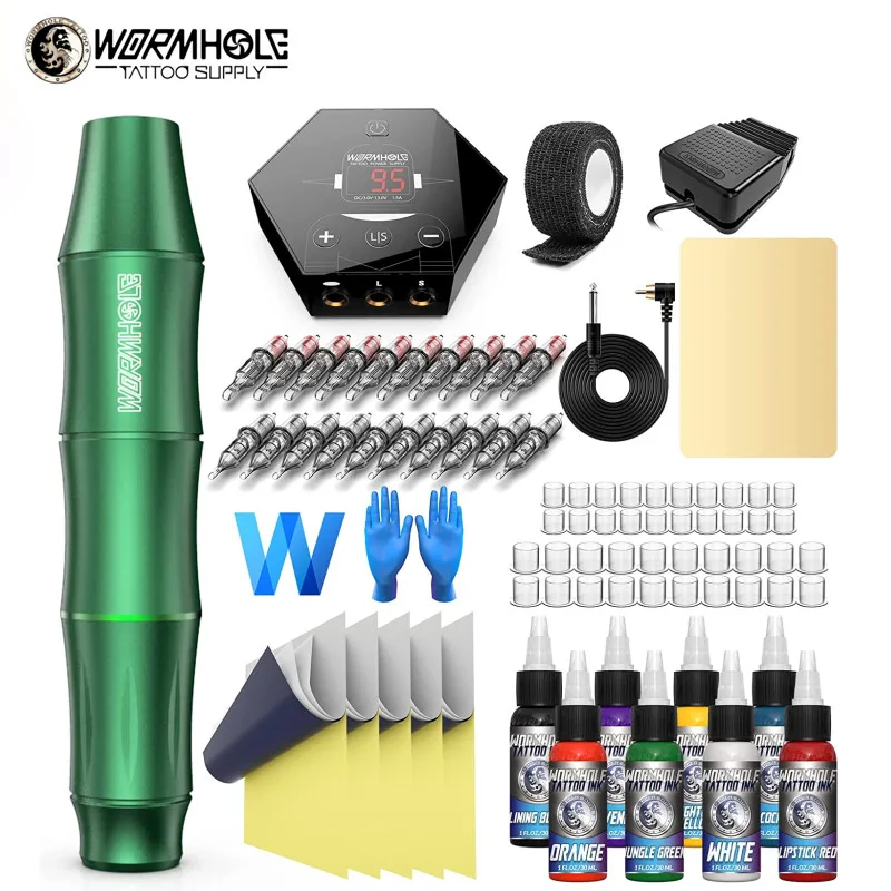 Wormhole Rotary Tattoo Machine Kit - 40 Cartridges, 20 Inks, Power Supply -  Complete Professional Tattoo Pen Set for Beginners and Artists