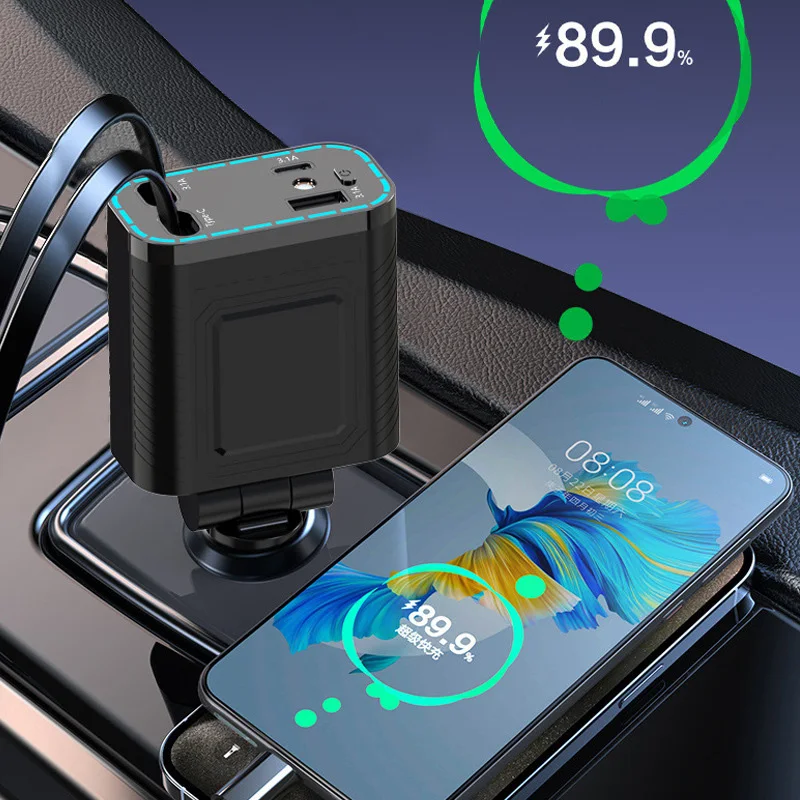 4 in 1 Car Charger With Multifunctional Dual Retractable Automatic Storage Charging Cable And Starry Sky Top Projection Light