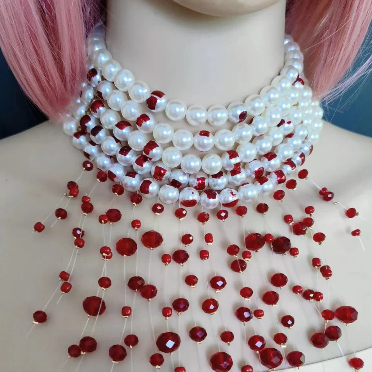 Halloween Blood Pattern Pearl Necklace Women Fashion Multi-layer Imitation Pearl Tassel Short Necklace Gothic Party Jewelry Gift