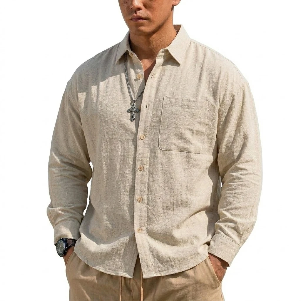 Men's Long Sleeve Linen Shirt Premium Korean Luxury Breathable Button-Up Summer Elegant 3