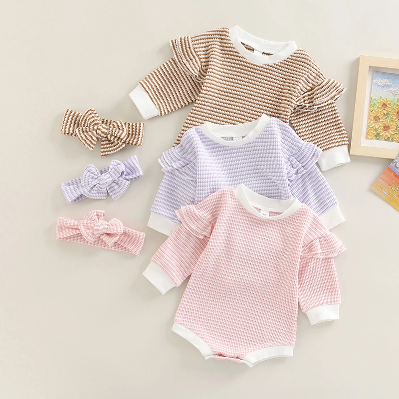 

EWODOS 0-18M Newborn Baby Girl Bodysuits Outfit Casual Striped Patchwork Ruffles Long Sleeve Bodysuit + Hairband Set for Infants