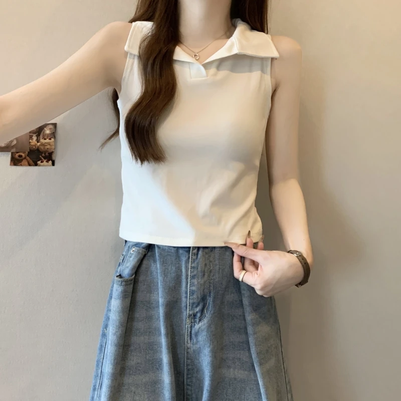 

2024 Summer Polo Neck Short sleeved T-shirt Women's Sleeveless Top