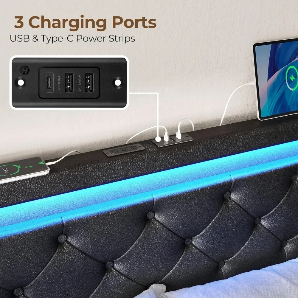NEW-Rolanstar Full Size Bed Frame with LED Lights and USB Ports, Upholstered PU Leather Bed with Adjustable Headboard and 4 Stor