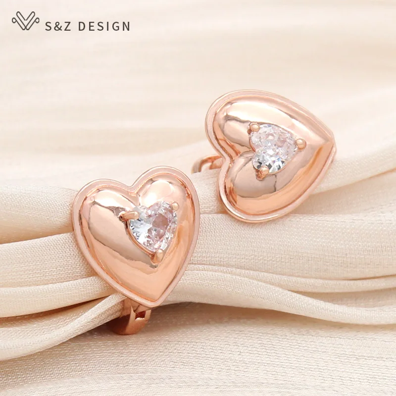 S&Z DESIGN New Fashion Heart-shaped Cubic Zirconia Drop Earrings For Women Wedding Elegant Jewelry Rose Gold Color Eardrop