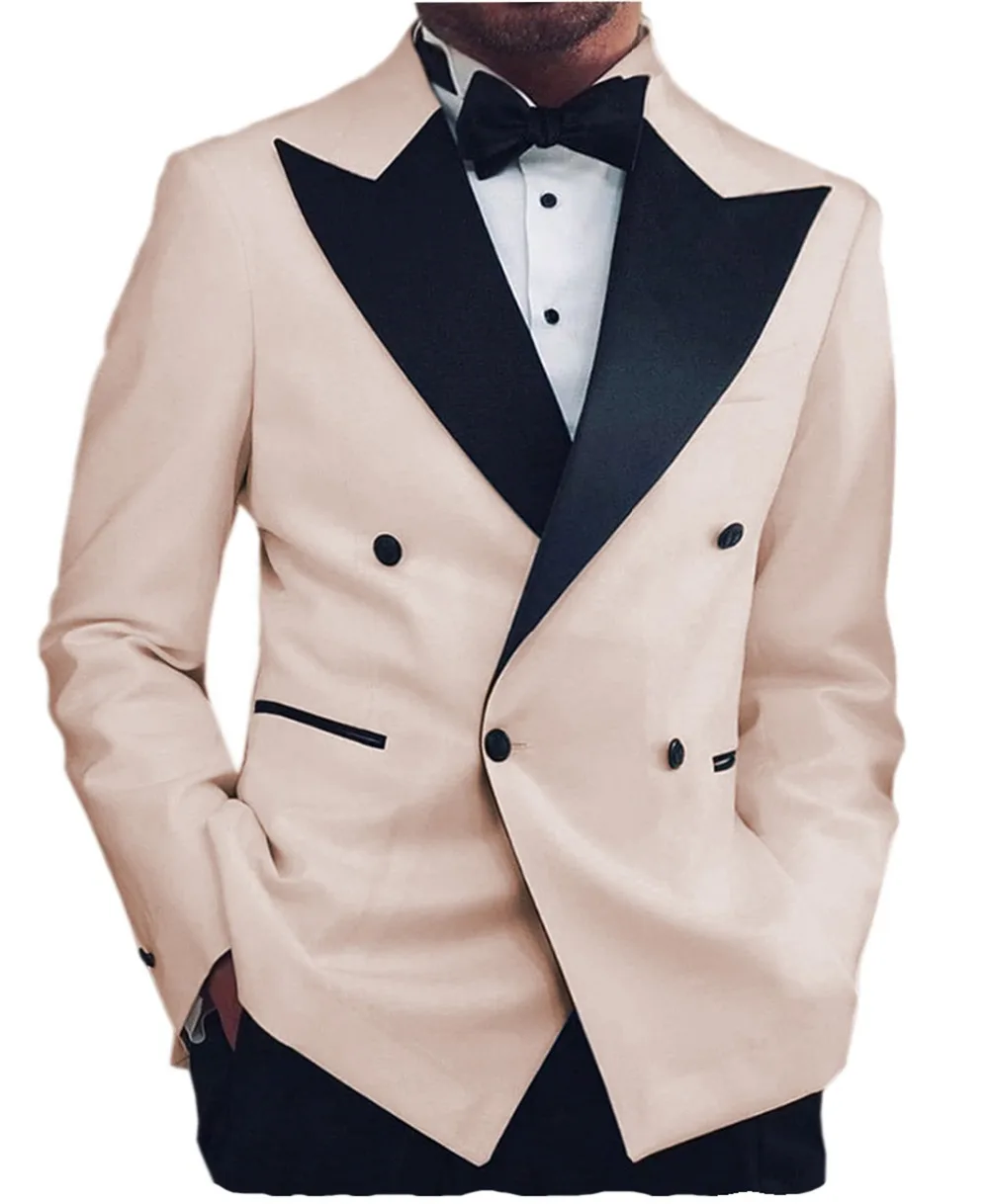 Casual Mens  Suits Peak Lapel Flat Blazer Double Breasted Groom Tuxedos Trousers For Wedding (Jacket+Pants)