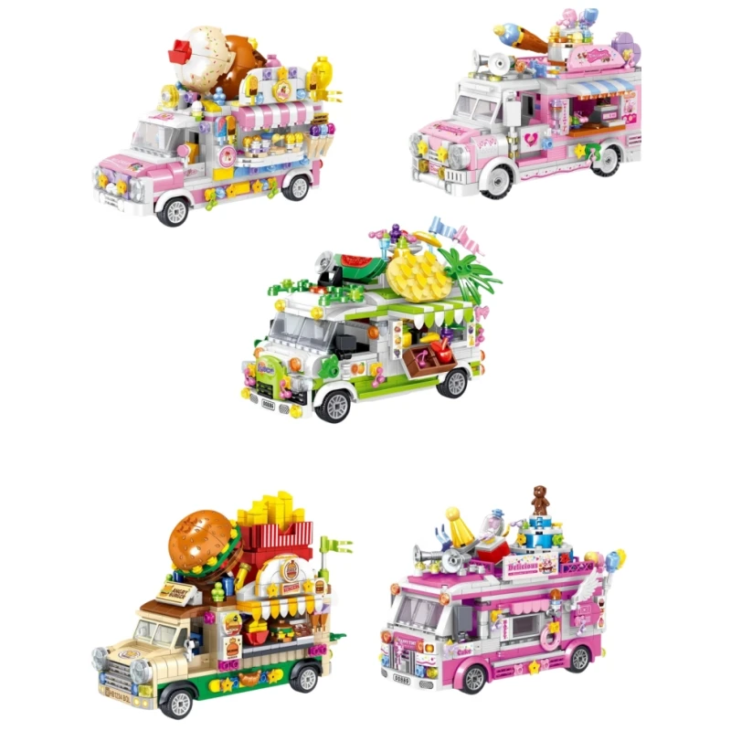 City Outing Friends Camper Van Camping Dessert Snacs Car Princess Ice Cream Truck Model Mini Building Blocks Set Brick Boys Toy