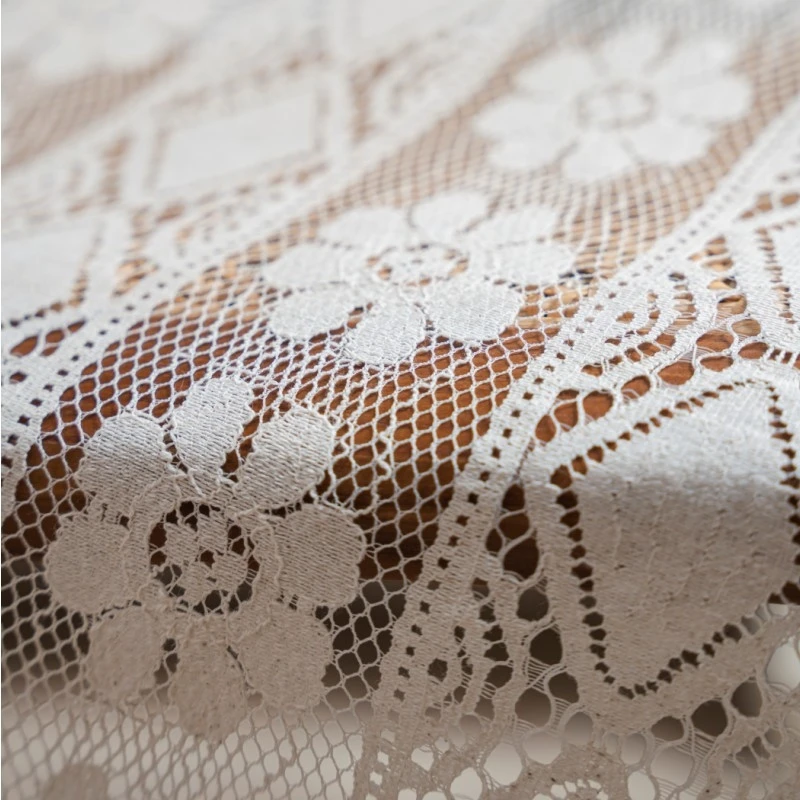 American Style Hollowed Out Beige Flower Fringe Curtain Finished Free Perforated Rod Pocket Bedroom Living Room Curtains 5