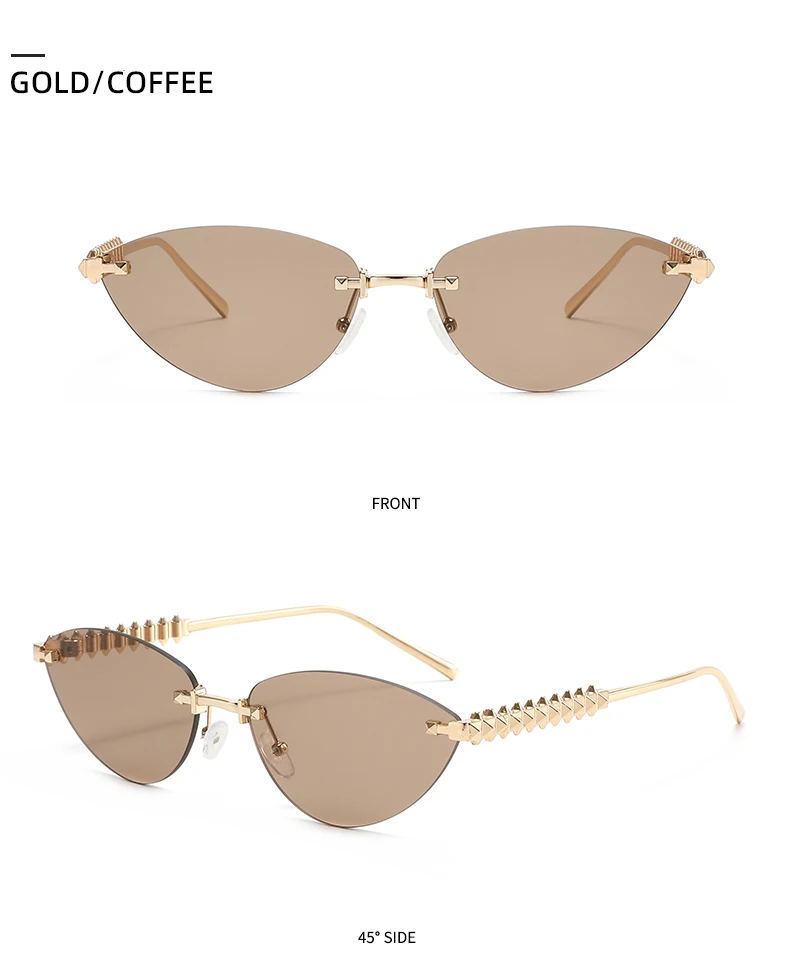 Katzenaugen-Sonnenbrille ohne Rand für Damen, Luxus-Modemarke, Ovale Schmale Sonnenbrillen, Trendige Elegante Einzigartige Eyewear – Detail 12