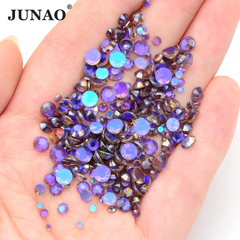 

JUNAO 1400Pcs Mix Size Aurora Purple Flatback Glass Rhinestone Non Sewing Stone Diamond Nail Crystal Strass For DIY Clothes