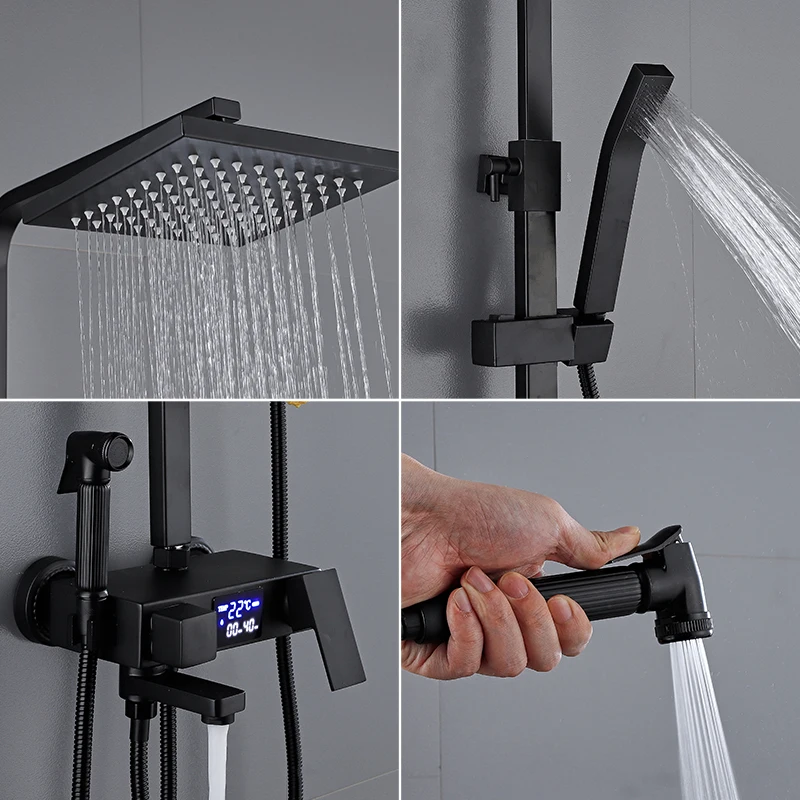 Black Shower Digital Display Temperature Shower Chuveir Bathroom Accessories Sets Pressurized Hot Cold Copper Faucet