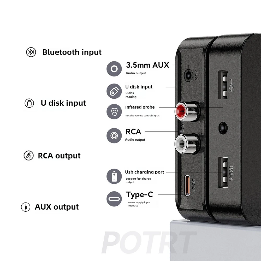 무선 오디오 어댑터 블루투스 6.0 수신기 RCA 3.5mm AUX 잭 스테레오 음악 무선 어댑터 지원 U-디스크 재생 자동차 키트