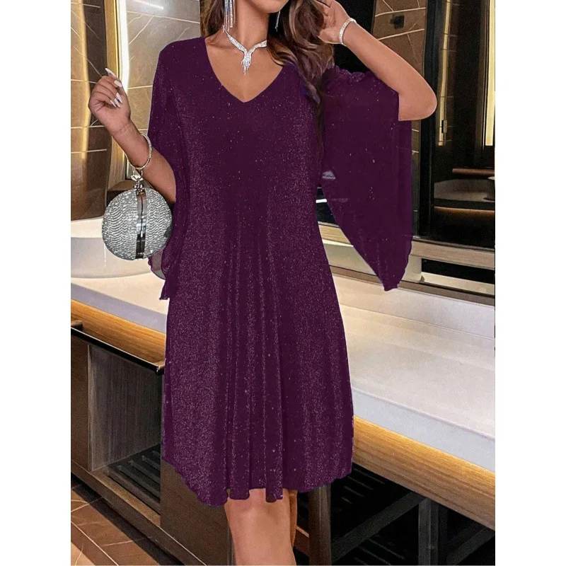 Bright Sequin Dresses Women V-neck See Through Chiffon Patchwork Irregular Half Sleeves Loose Mini Dress Female Vestidos 2024 4