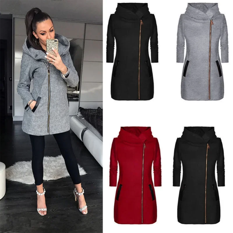 2022 New Womens Winter Jacket Coat Fashion Women Zipper Mid-Length Coat for Spring Fall Solid Color Long Sleeve Hooded Coat men knitting coat spring and autumn fashion solid color slim fit cardigan coat men s long sleeve zipper hooded large coat