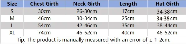 KittyNook Cat Co. Funny Pirate Cat Halloween Costume size chart (S-XL): chest, neck, length, hat girth in cm.