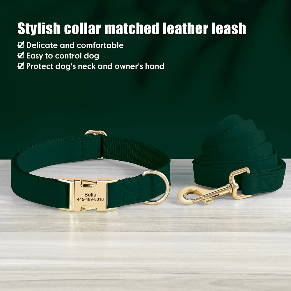 Engraved Leather Dog Collar And Leash Set For Small Medium Large Dogs_voghion.com