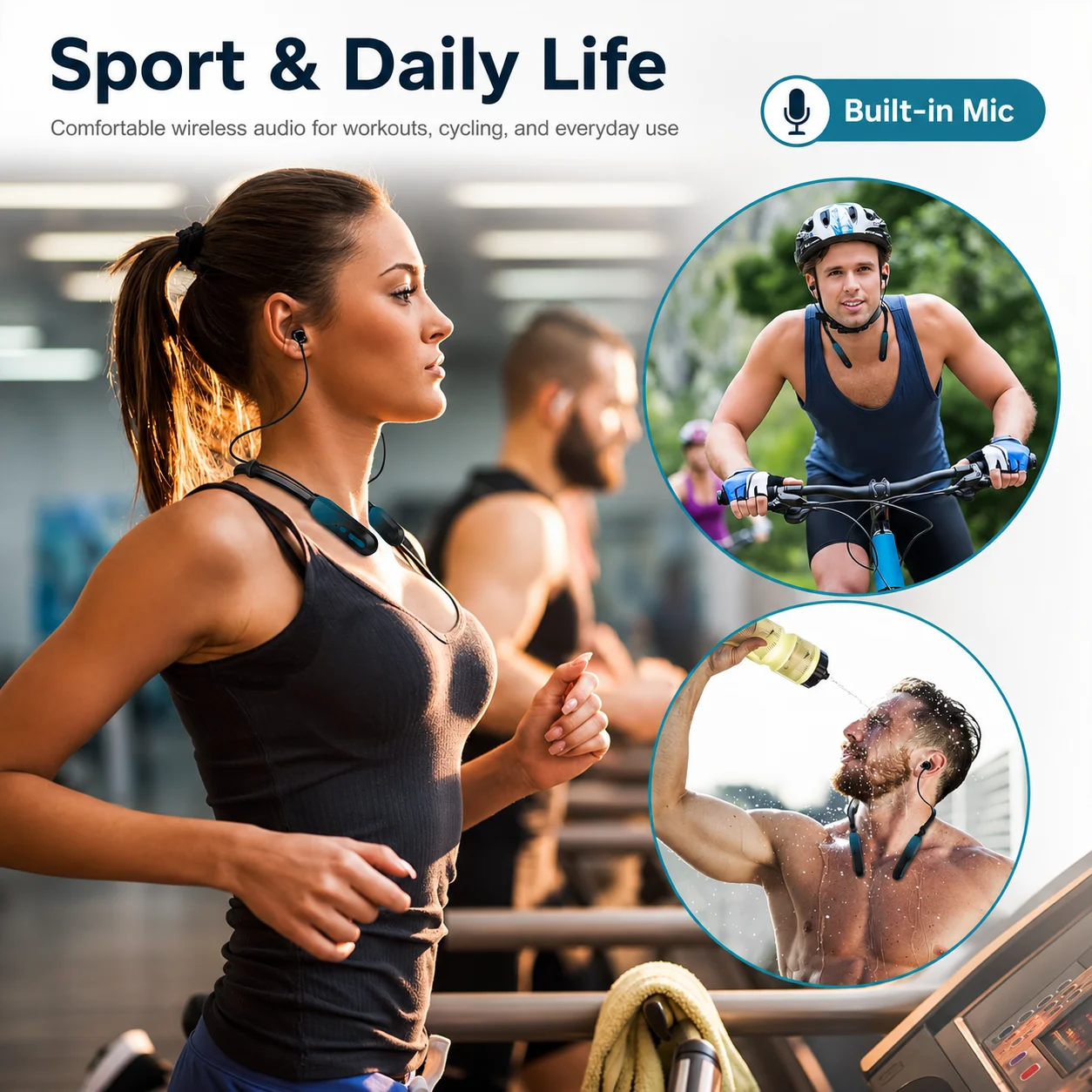 Wireless Bluetooth In-Ear Sport Headphones with 100-Hour Playtime, Long-Lasting Battery, Built-in Microphone, Fast Type-C Charging, Neckband Design