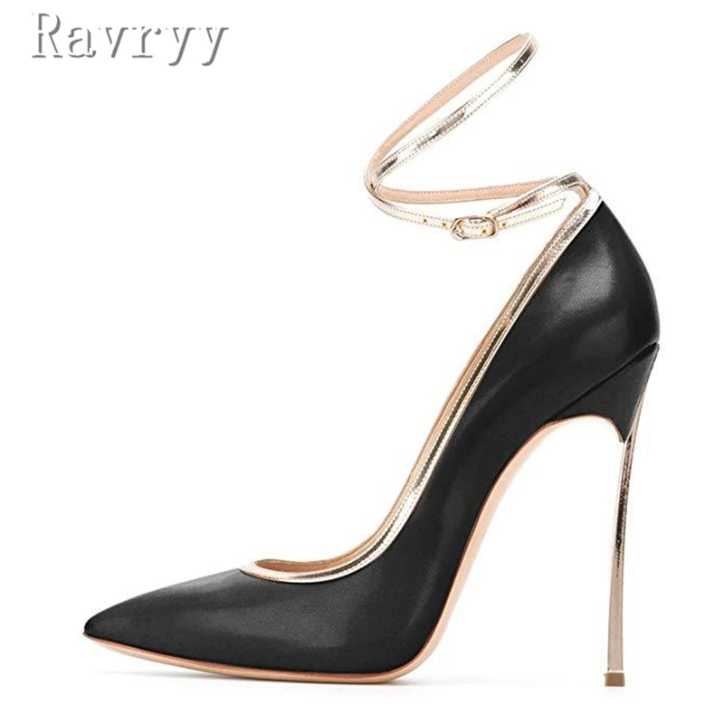 

Spring New Pointed Toe Metal Stiletto Pumps Luxury Design Shallow Ankle Strap Banquet Dress Women's High Heel Singles Shoes