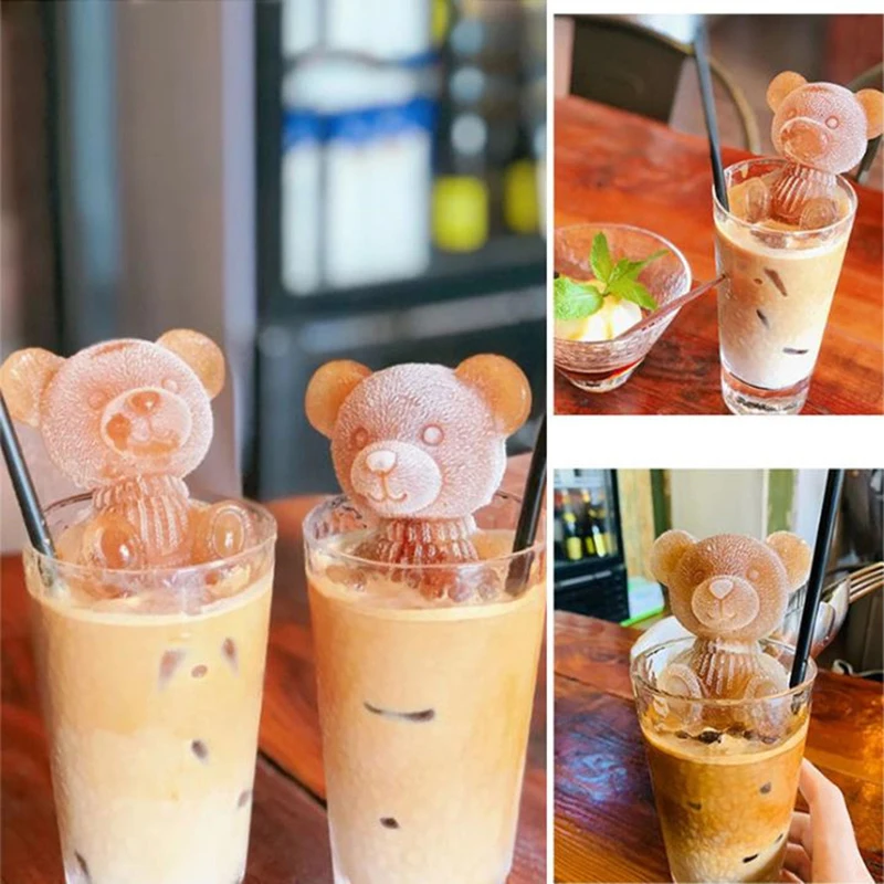 3D Teddy Bear Ice Cube Mold 4Pcs Handmade Cute Ice Cube for Beverage Coffee  Milk Tea Soap Candle Mold Cocktails Cake Baking Large Size