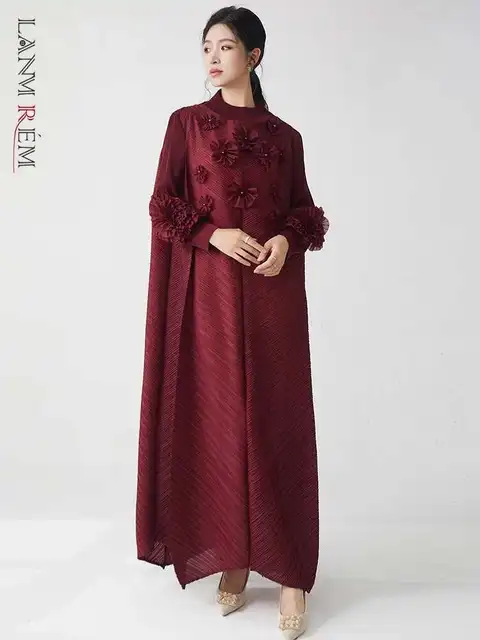 LANMREM Temperament Pleated Three-dimensional Patch Dress Women's Fashion Tide 2025 Spring Summer New O-neck Long Dresses 2DE565