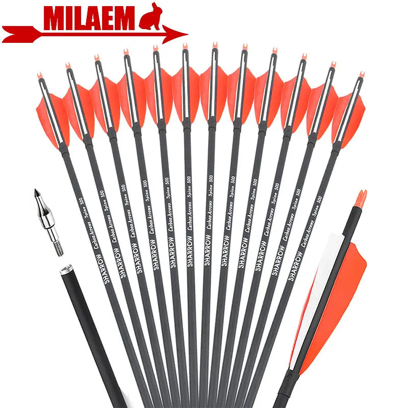 

6/12pcs 30inch Archery Carbon Arrow Spine 500 ID6.2mm OD7.8mm 100Gr Point Tip 4inch Turkey Feather Hunting Accessories