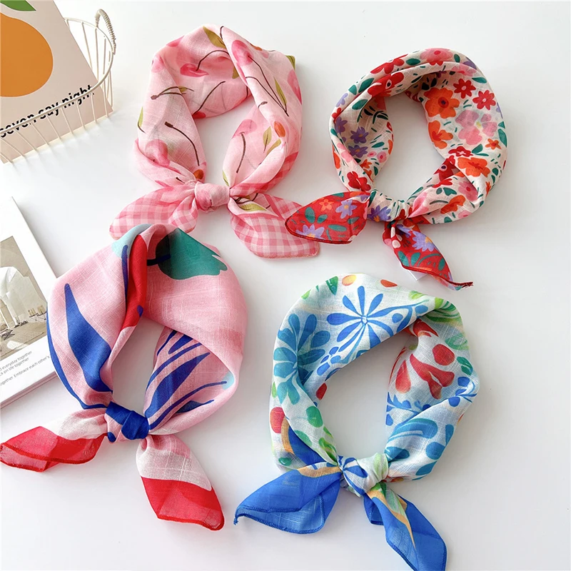 Floral Print Neckerchief Women Korean Cotton Linen Square Scarf Elegant Neck Scarves Small Wraps Bandana Head Scarfs 58*58Cm 2