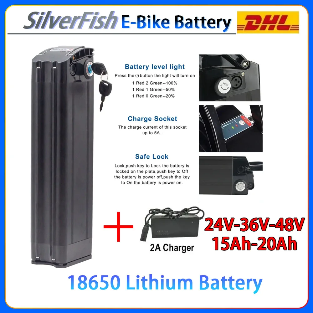 

18650 e-Bike 48V 20Ah 15Ah Battery Silver fish case 24V 36V 1000W for Motor Bike Haiba conversion kit 54.6v Electric Bicycle