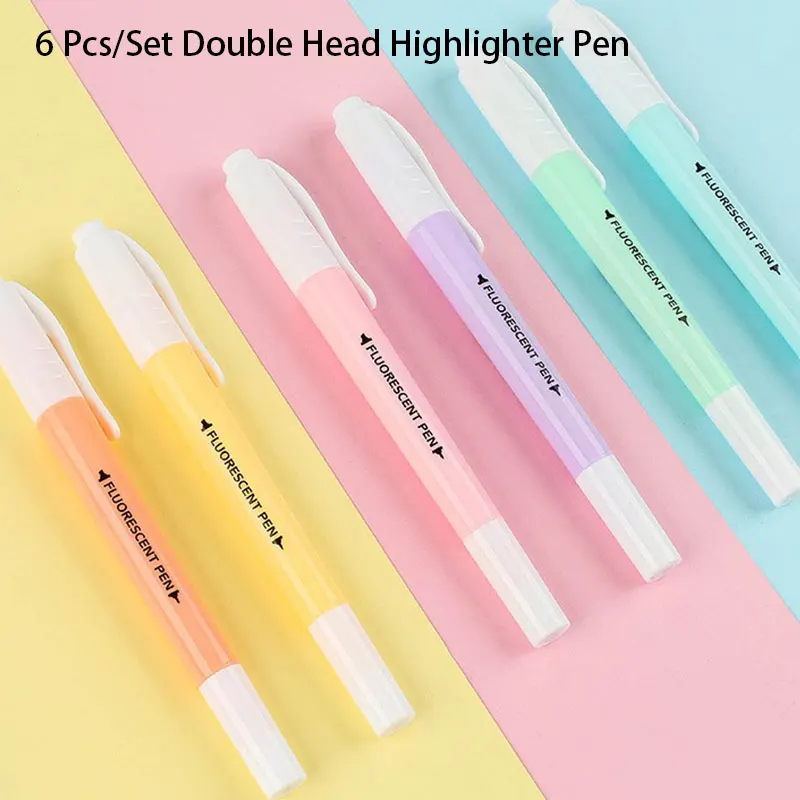 6Pcs/Set Double Head Fluorescent Highlighter Pen Markers Pastel Drawing for Student School Office Supplies Cute Stationery |