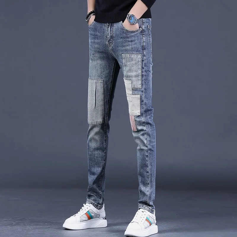 Fashion Striped Patchwork Jeans Men Autumn Casual Blue Slim Fit Straight Leg Denim Pants