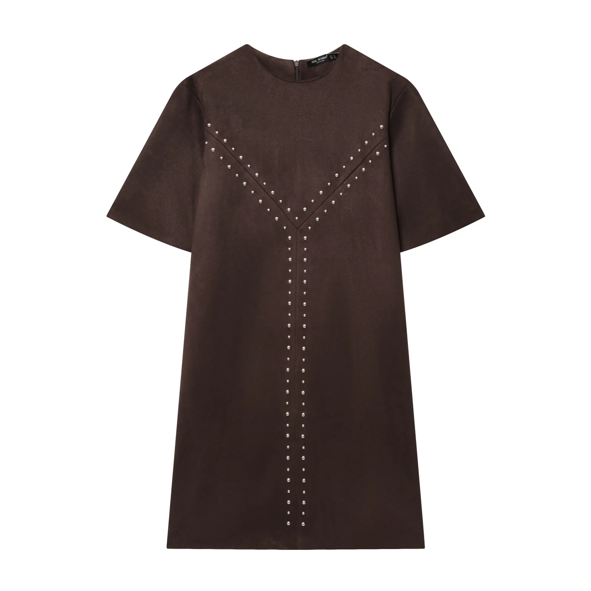 Women Vintage Casual Chic Solid Dress Autumn Winter O-Neck Short Sleeve Rivet Zipper Vestidos Fashion Holiday Dress Streetwear