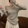 Solid Sexy Slim Off Shoulder Slash Neck Long Sleeve Knitting Sweater  Women Jumpers Office Fashion New 4