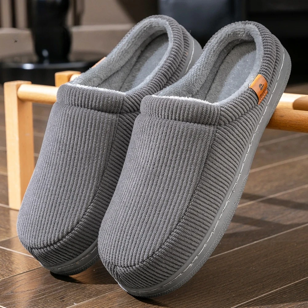 Warm Slippers for Men TPR Sole Memory Foam Soft Cushion Non Slip Stripe Design Comfortable Corduroy House Shoes