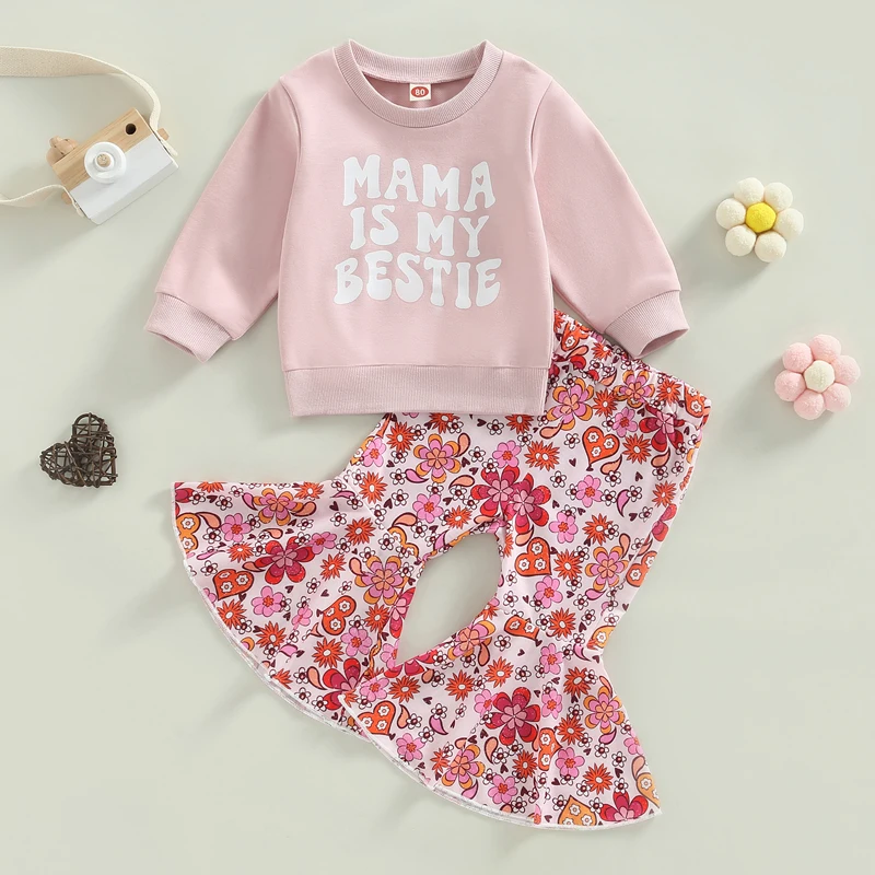 

Toddler Girl Clothes 2Pcs Baby Long Sleeve Letter Print Pullover Sweatshirt + Floral Flare Pants Spring Outfits Child Girl Set
