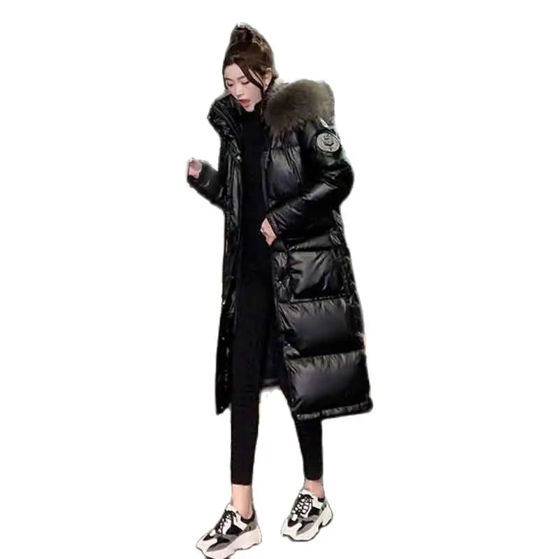 Black Glossy Fashion Down Cotton-padded Jacket Women In Winter 2022 New Big Fur Collar Hooded Long Knee-length Warm Coat Women
