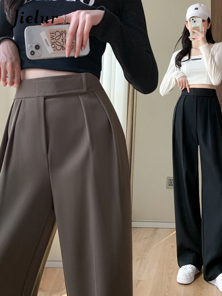 Jielur Adjustable Waist Wide Leg Pants Women Classic Office Lady Casual  Black Coffee Trousers Female Straight Loose Korean Pants - AliExpress