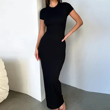 Sexy Skinny Women's Bodycon Party Dress Fashion O-neck Short Sleeve Solid Color Wraped Hip Package Long Dress Female Sexy Dress 1