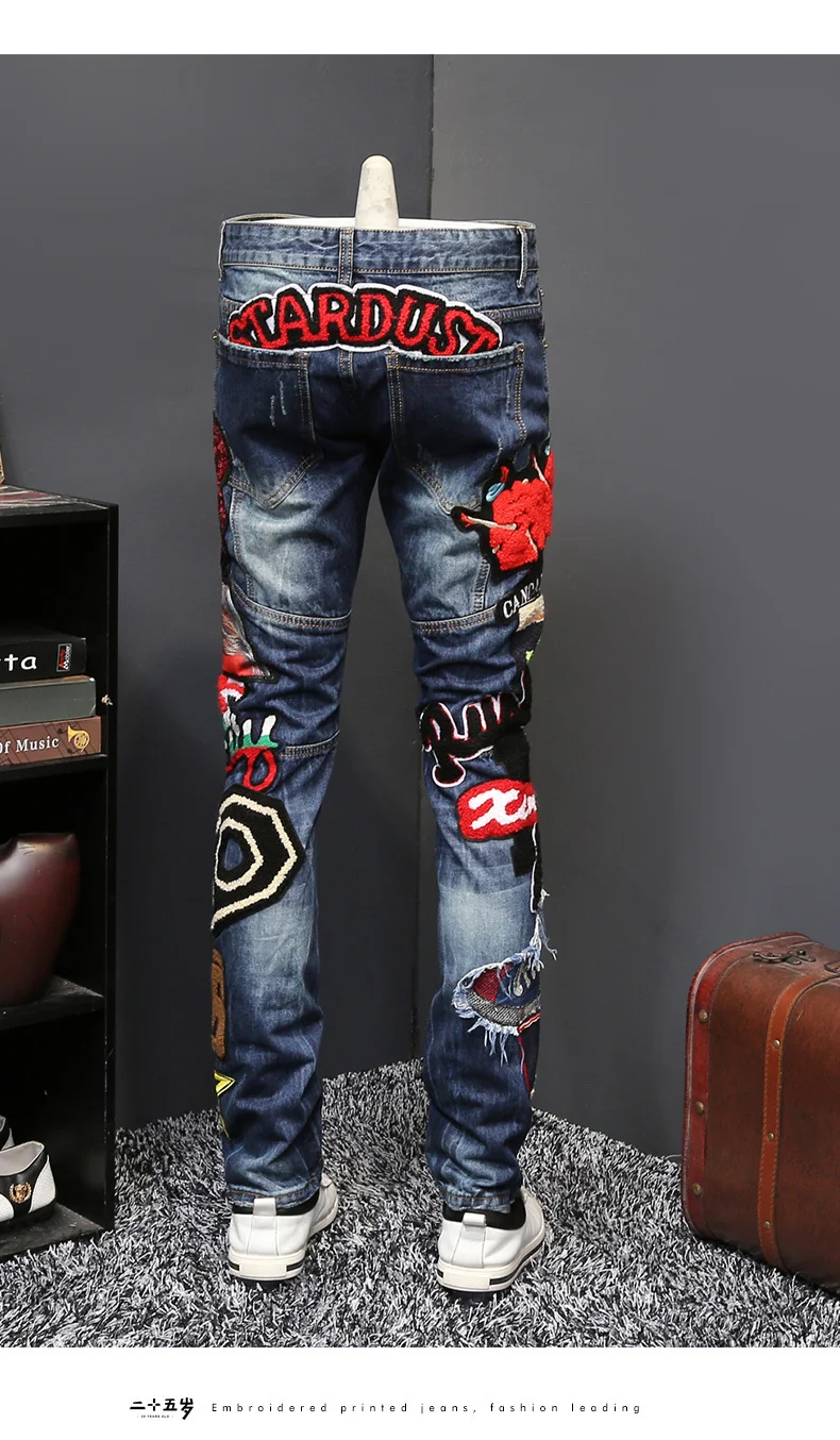 Wind 2022 Personality Beauty Embroidered Jeans Male Embroidery Flocking Self-cultivation Directly Canister Long Pant Jeans Homme mens jeans sale