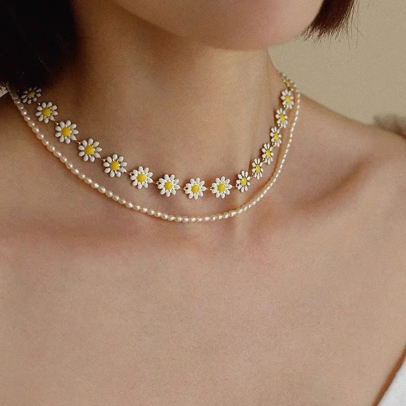 Flower Daisy Clavicle Chain Necklace Women Choker Statement Wedding Bridal Pendant Jewelry Korean Girls Gift Neck Accessories