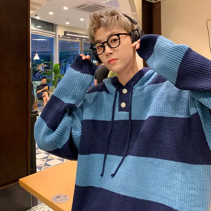 Striped Sweater Coat Men and Women Hooded Sweater Fashion Brand Splice Retro Loose Lazy Wind Warm Knitted Shirt Top Clothes Y2k