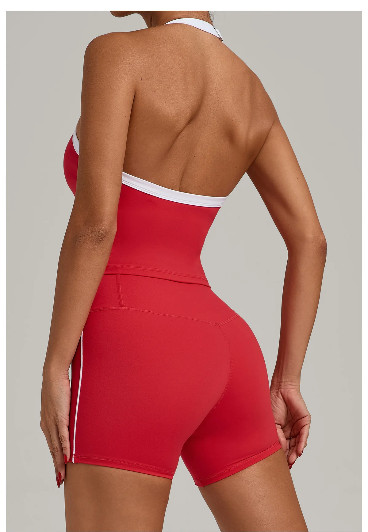 Fashion Patchwork Skinny Shorts Set Gym Women Workout Clothing Summer Sleeveless Backless Fitness Sport Suit Women Sportwear Red