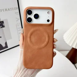 Premium Suede Sheepskin Leather Phone Case with Magnetic Charging Compatibility - iPhone 15 Plus (Orange)