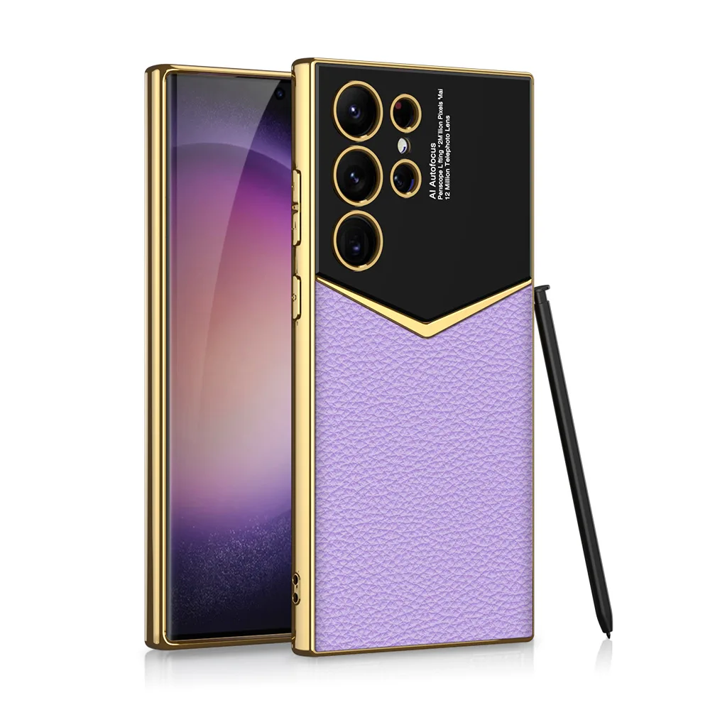 Luxury Leather Gold Electroplated Frame Phone Case with Soft Edges