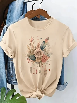 90s T Shirt Love Heart Feather Graphic Print T-shirt Short Sleeve Crew Neck Casual Top Summer Spring Women's Clothing Top Tee 1